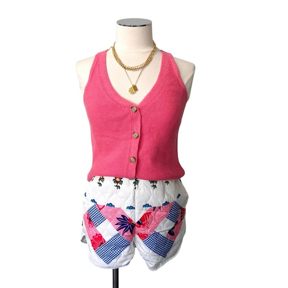 New Quilted Design Print Shorts White Pink Blue Sz S - Picture 3 of 10